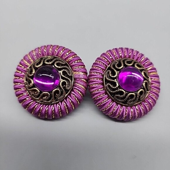Vintage 60s Clip On Earrings Purple Gold - Picture 1 of 4